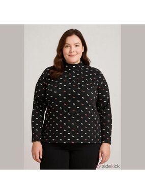 Croft & Barrow 1X Black Mock Neck Dog Print Top